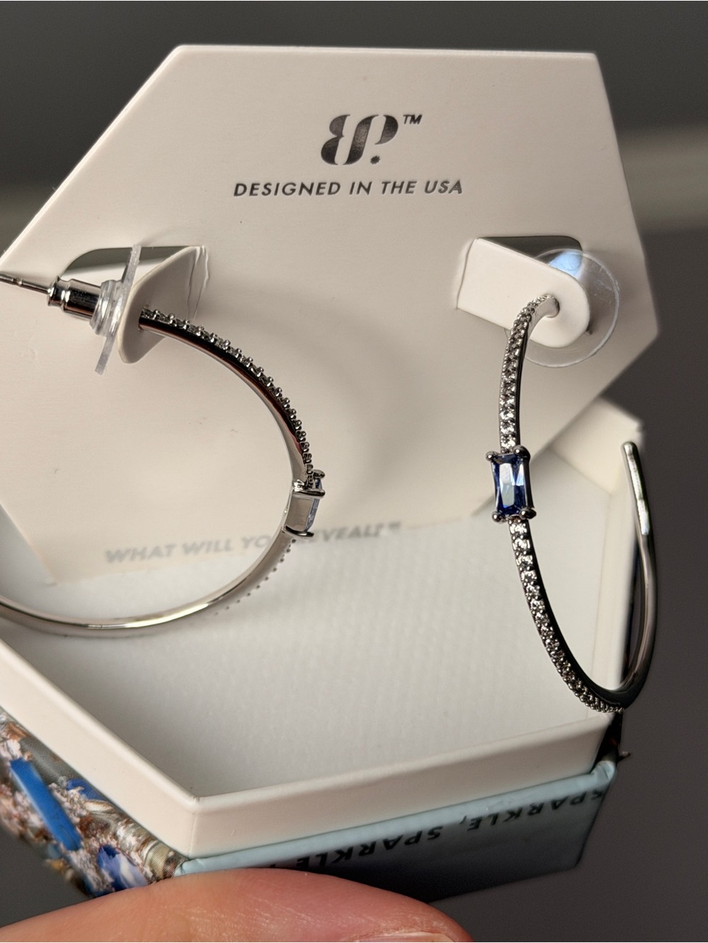JP Silver Hoop Earrings with Blue Baguette Stone and Pavé Crystals